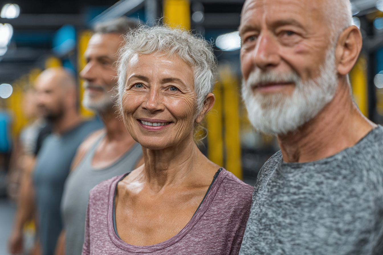 Grup de seniori zâmbitori în sala de fitness, celebrând împreună după o sesiune de antrenament